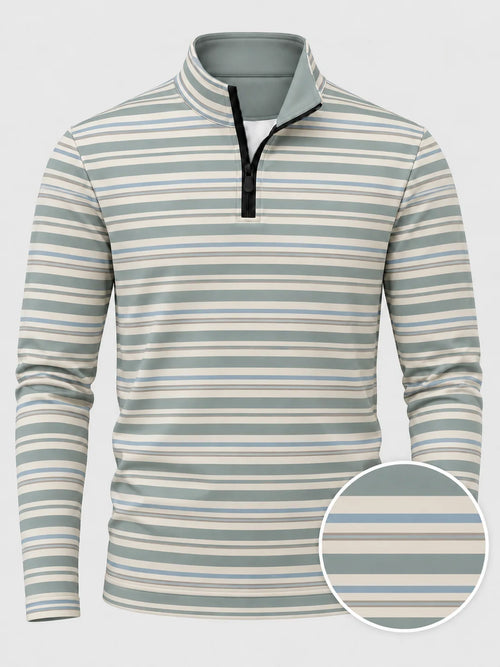 Golfpullover in Salbeigrün mit mehrfarbigem Streifenmuster und Viertelreißverschluss