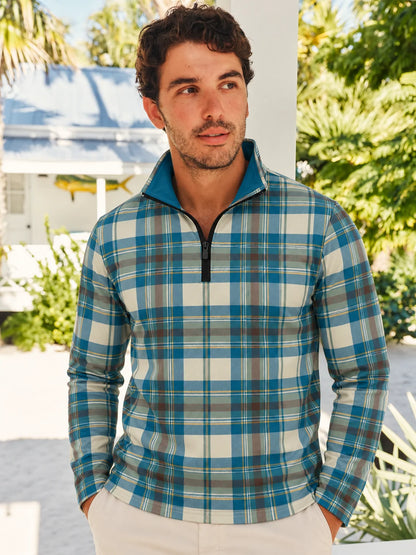 Golfpullover in Petrol und Creme mit Tartanmuster und Viertelreißverschluss