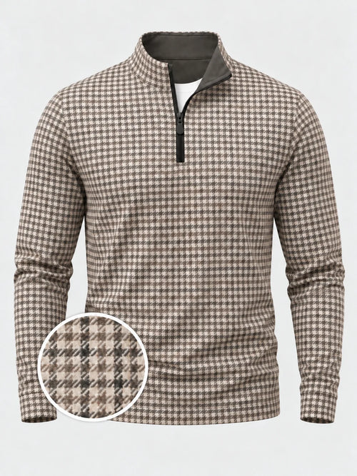 Brauner Golfpullover aus Funktionsmaterial mit Hahnentrittmuster und kurzem Reißverschluss