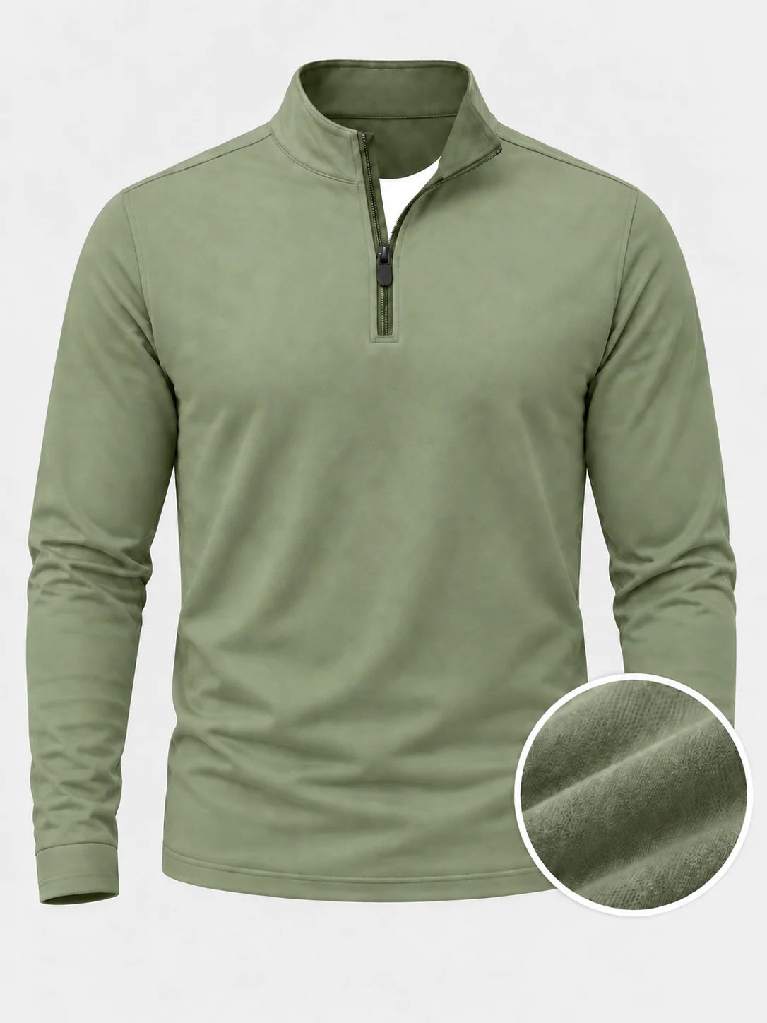 Salbeigrüner Golf-Pullover mit strukturierter Oberfläche und Viertelreißverschluss aus Funktionsmaterial