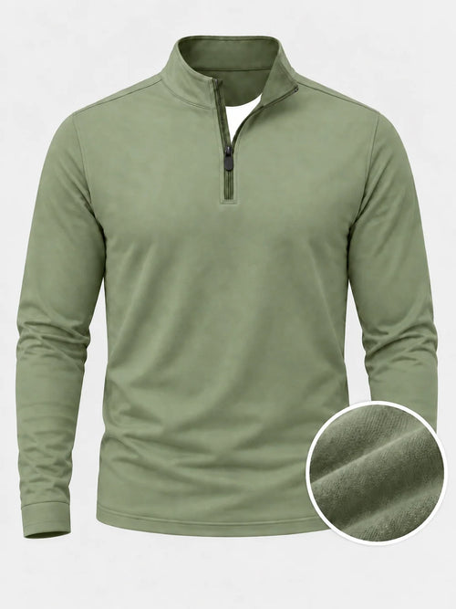 Salbeigrüner Golf-Pullover mit strukturierter Oberfläche und Viertelreißverschluss aus Funktionsmaterial
