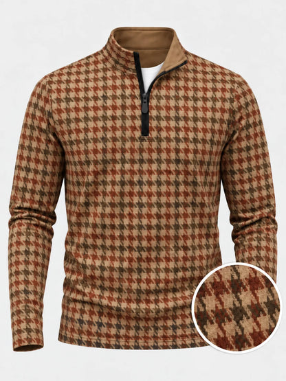 Golf-Pullover mit Hahnentrittmuster in Beige, Rostbraun und Olivgrün und Viertelreißverschluss aus Funktionsmaterial