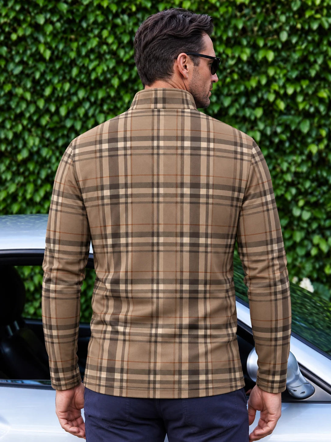 Golf-Pullover in Camel mit Tartan-Karomuster und kurzem Reißverschluss