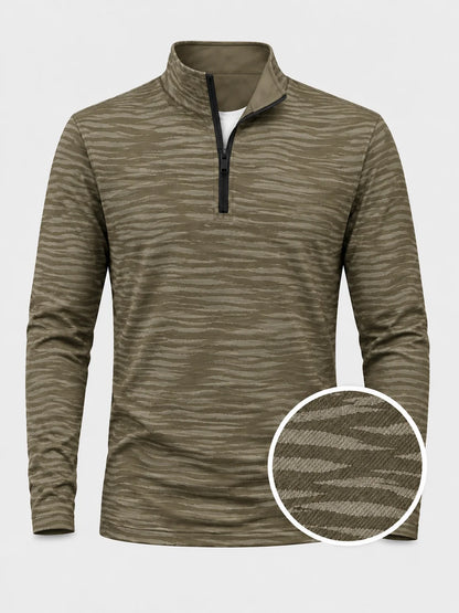 Olivgrüner Performance-Quarter-Zip-Pullover mit dezenten Schattenstreifen