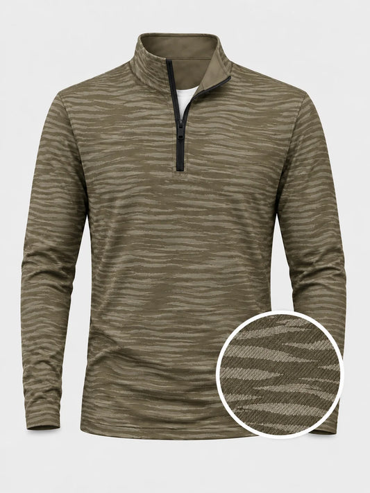 Olivgrüner Performance-Quarter-Zip-Pullover mit dezenten Schattenstreifen