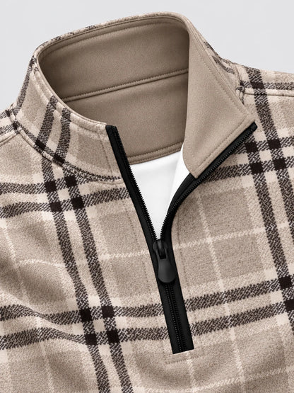 Golf-Pullover mit Viertelreißverschluss und Karomuster in Taupe