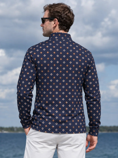Marineblauer Performance-Pullover mit Viertelreißverschluss und feinem Blumenmuster