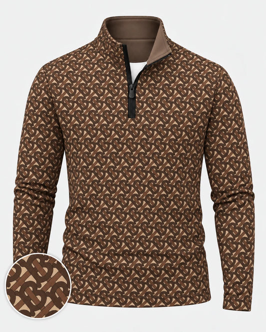 Performance-Pullover mit Viertelreißverschluss und Monogramm-Muster in Braun