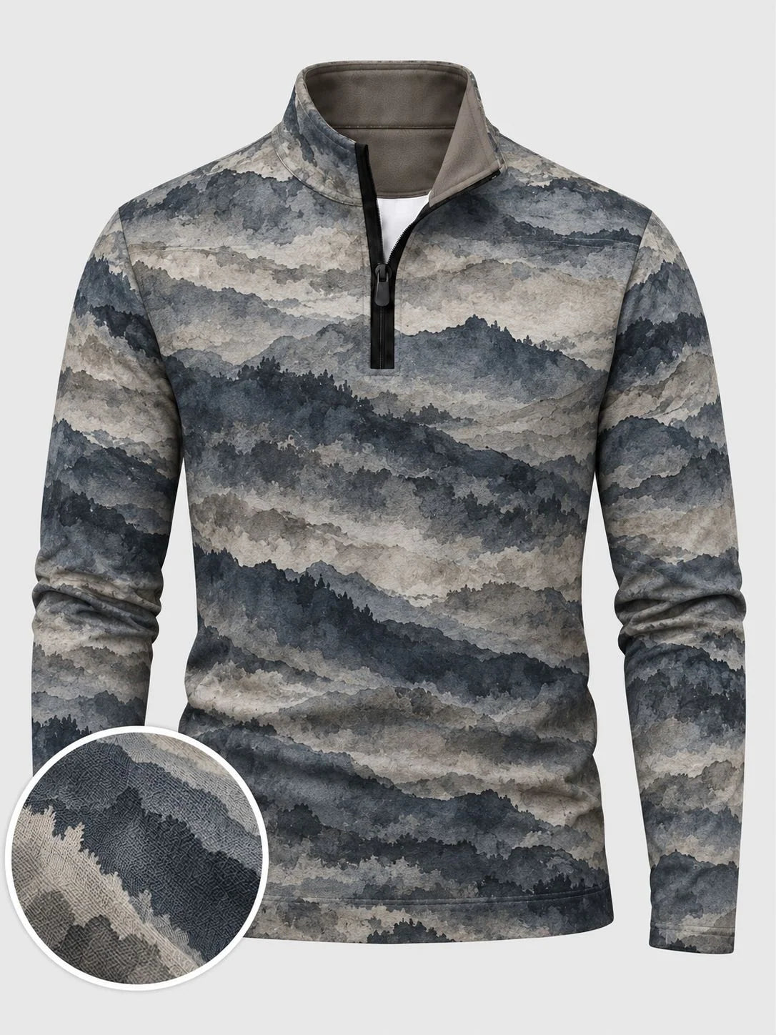 Golf-Pullover aus Funktionsmaterial in Schieferblau mit nebligem Berglandschaftsmotiv und Viertelreißverschluss