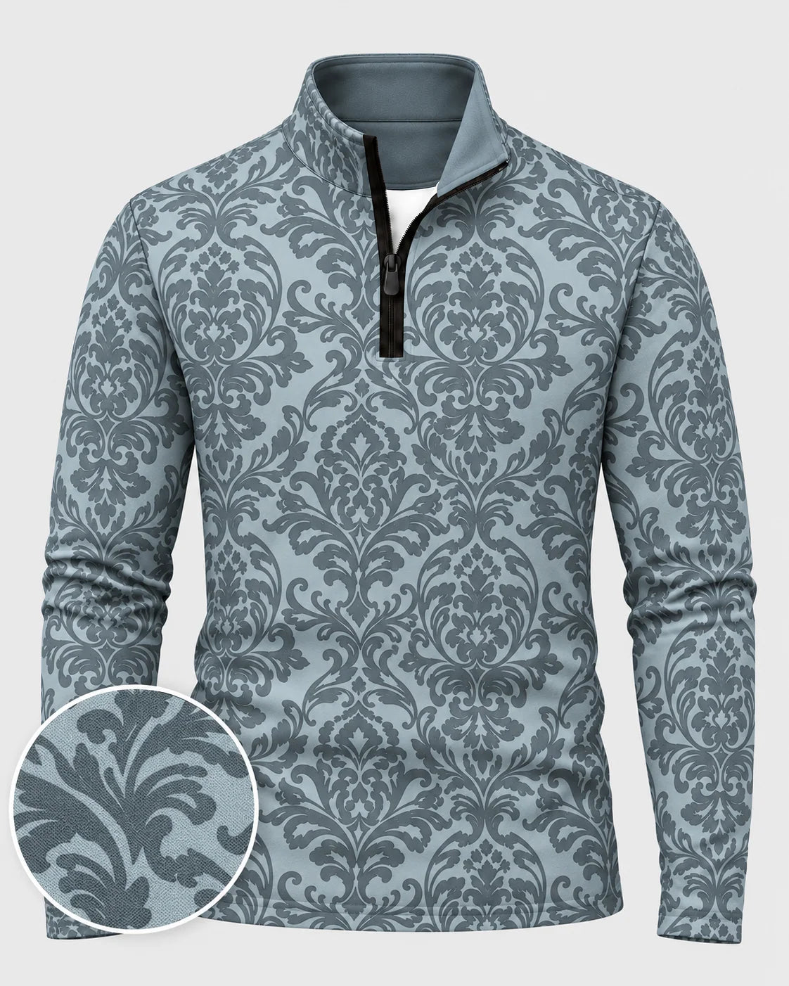Blaugrauer Performance-Pullover mit Damastmuster und kurzem Reißverschluss