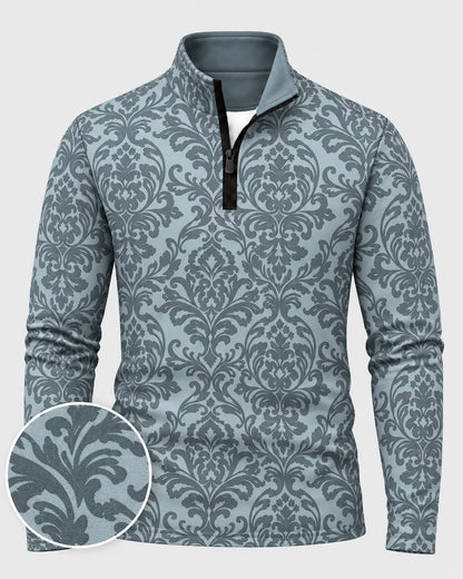 Blaugrauer Performance-Pullover mit Damastmuster und kurzem Reißverschluss