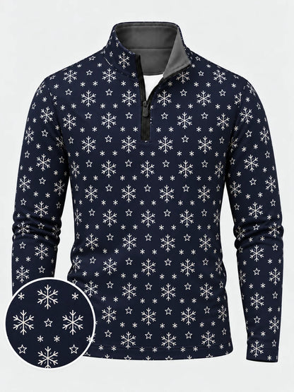 Golfpullover in Marineblau mit weihnachtlichem Schneeflockenmuster und Viertelreißverschluss