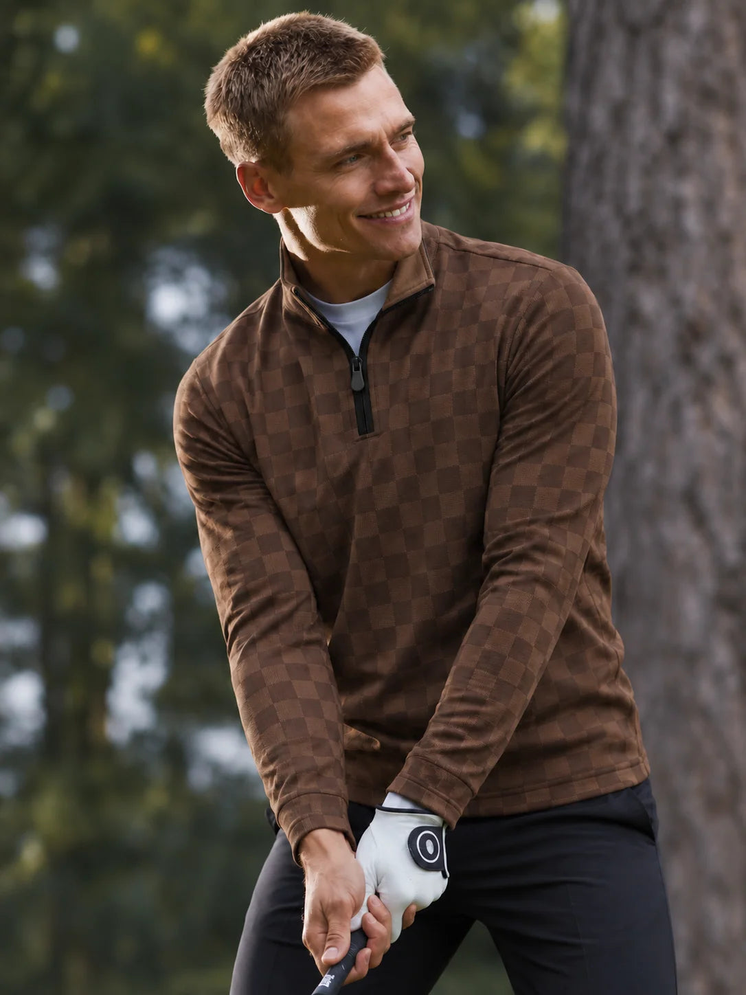 Vintage-Golfpullover in Schokoladenbraun mit Karomuster und Viertelreißverschluss