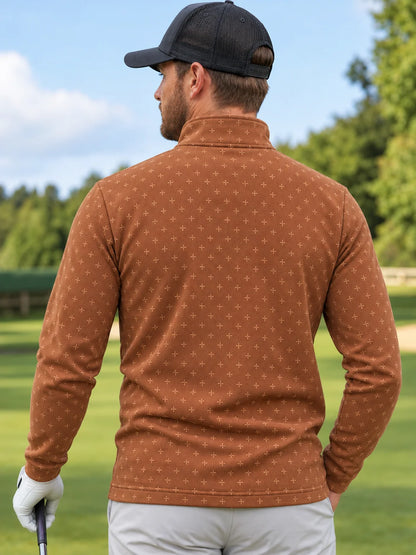 Golfpullover mit Mikro-Kreuzmuster in Terrakotta, Funktionsmaterial und Viertelreißverschluss