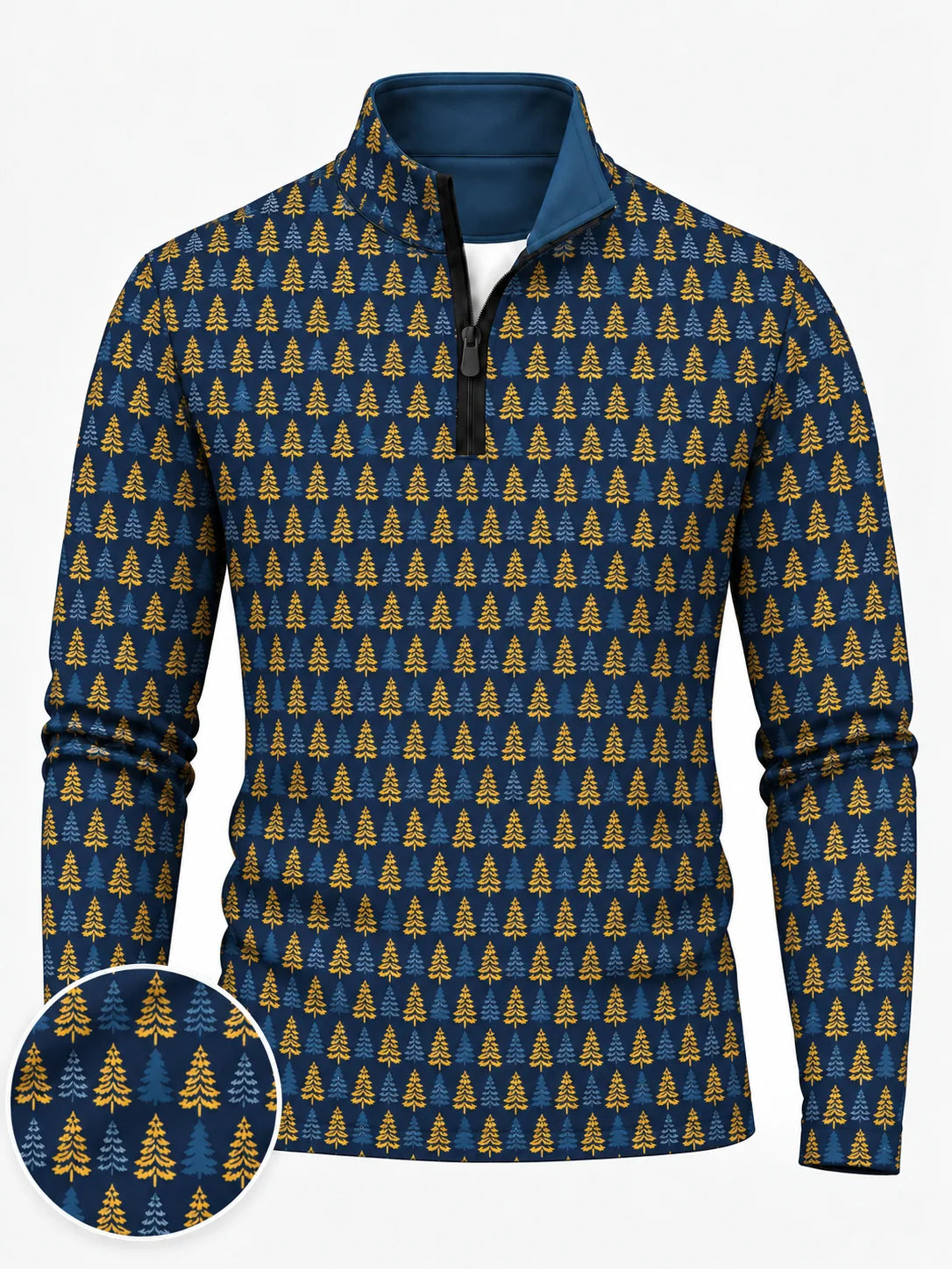 Golfpullover in Marineblau mit weihnachtlichem Tannenbaummuster und Viertelreißverschluss