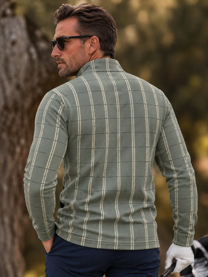 Golf-Pullover aus Funktionsmaterial in Salbeigrün mit Fensterkaromuster und Viertelreißverschluss