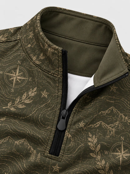 Golf-Pullover aus Funktionsmaterial in Olivgrün mit Vintage-Kompass- und Kartenmotiv sowie Viertelreißverschluss