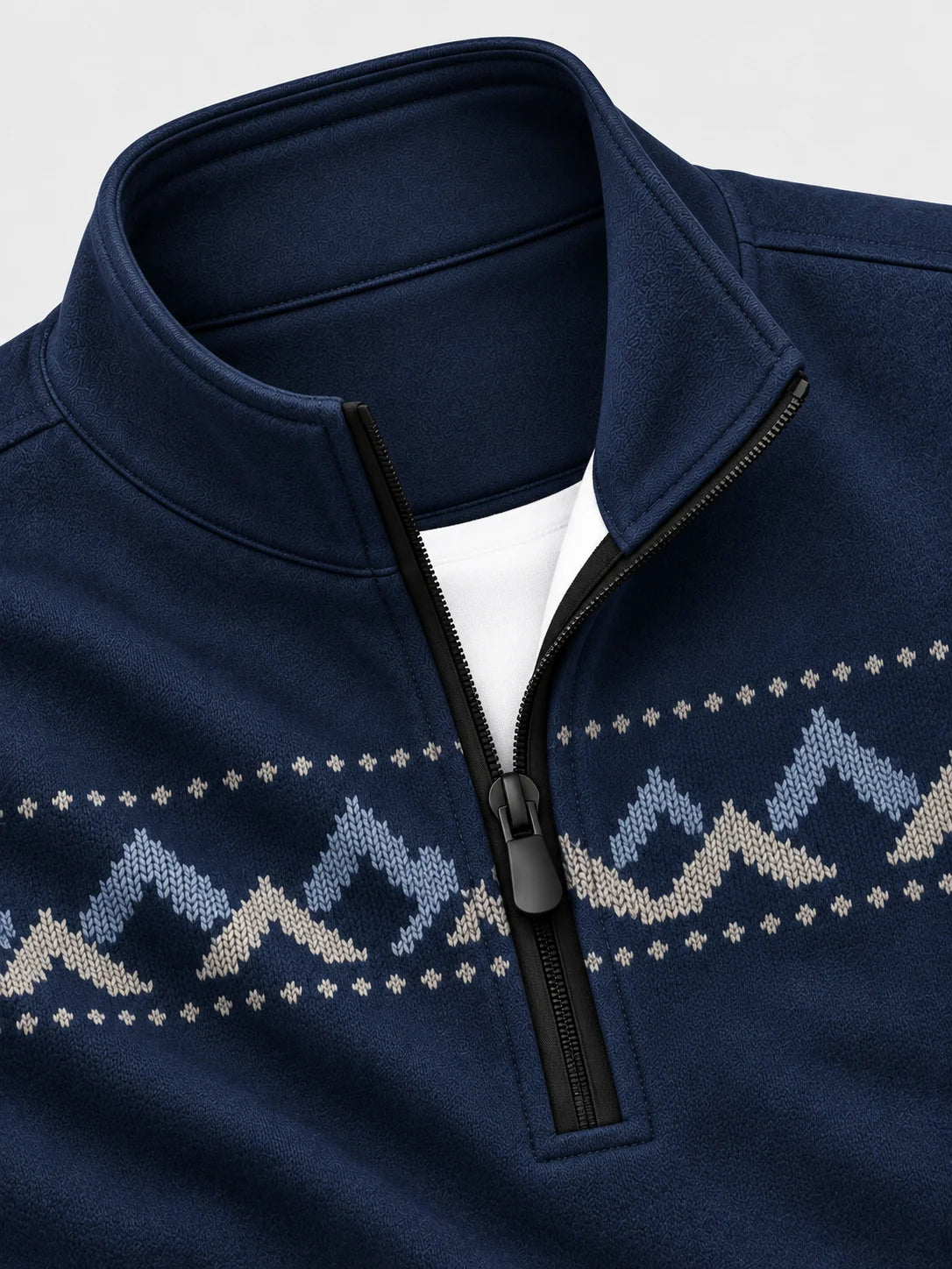 Marineblauer Funktionspullover mit Fair-Isle-Muster und Viertelreißverschluss
