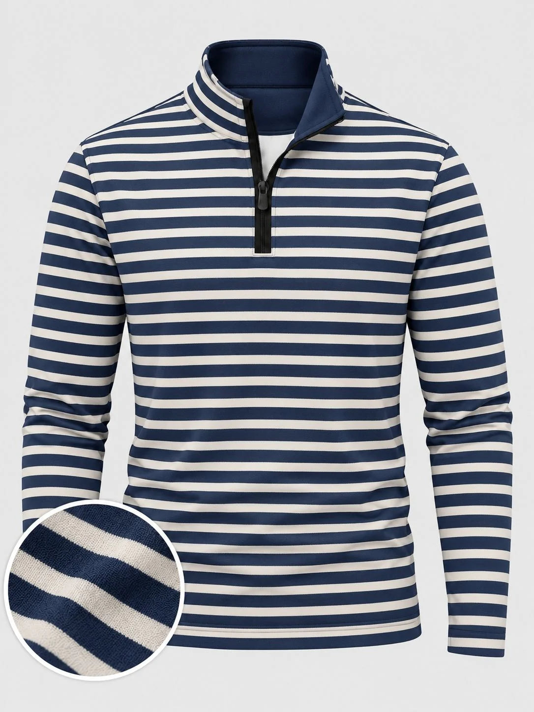 Golf-Pullover aus Funktionsmaterial in Marineblau mit nautischem Streifenmuster und Viertelreißverschluss