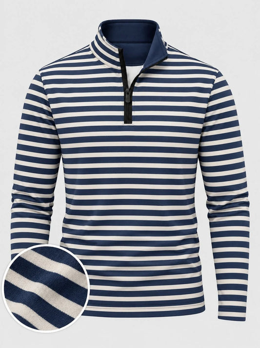 Golf-Pullover aus Funktionsmaterial in Marineblau mit nautischem Streifenmuster und Viertelreißverschluss