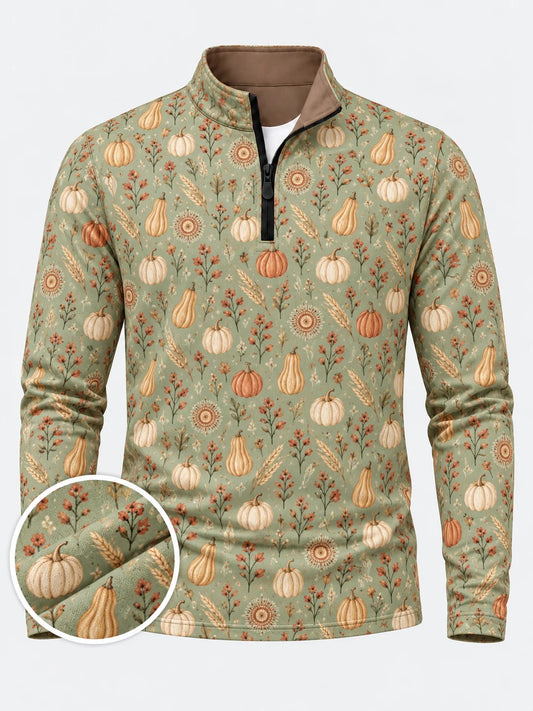 Golf-Pullover mit Viertelreißverschluss in Salbeigrün mit Kürbismotiv