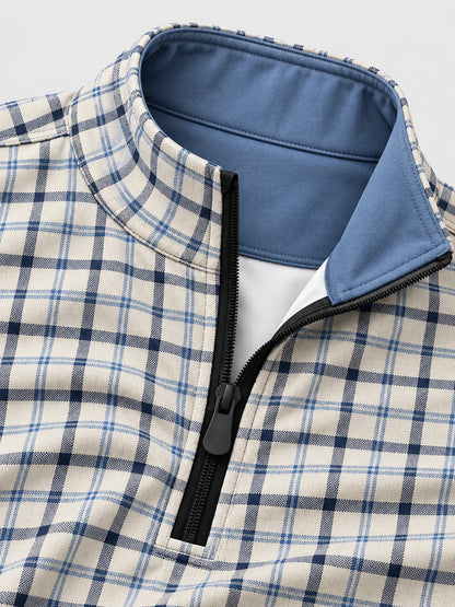 Golfpullover für Herren im Heritage-Stil in Blau mit Karomuster und Viertelreißverschluss