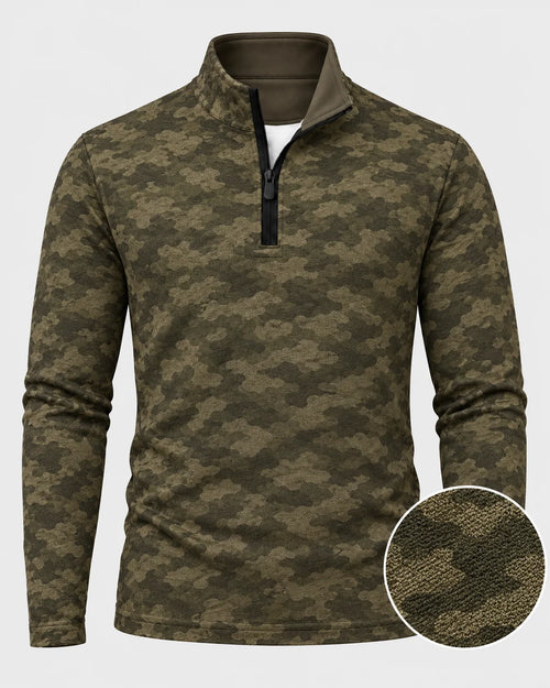 Olivgrüner Golfpullover mit Camouflage-Muster, Funktionsmaterial und Viertelreißverschluss