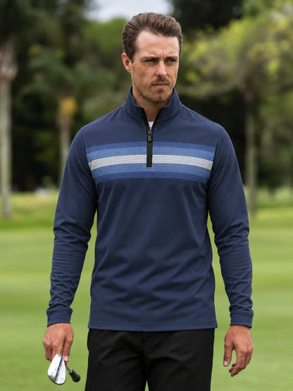 Golf-Pullover in Mitternachtsblau mit Bruststreifen und kurzem Reißverschluss