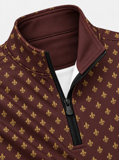 Golfpullover in Braun mit weihnachtlichem Emblem-Muster und Viertelreißverschluss