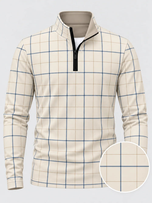 Golfpullover in Elfenbein mit blauem Fensterkaromuster und Viertelreißverschluss