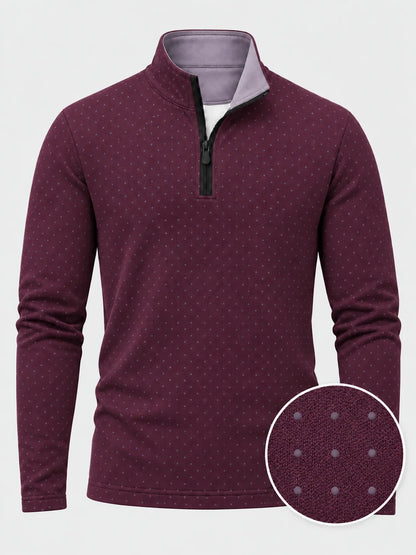 Golfpullover mit Mikro-Punktmuster in dunklem Pflaumenlila, Funktionsmaterial und Viertelreißverschluss