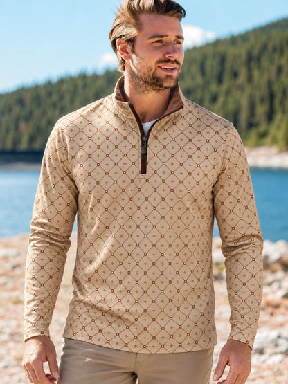 Beigefarbener Performance-Golfpullover mit geometrischem Muster und Viertelreißverschluss