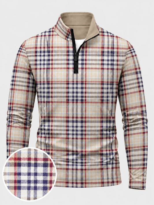 Cremefarbener Golf-Pullover mit Tartan-Karomuster und Viertelreißverschluss