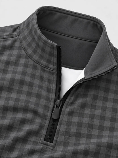 Golf-Pullover aus Funktionsmaterial in Anthrazitgrau mit Vichy-Karomuster und Viertelreißverschluss