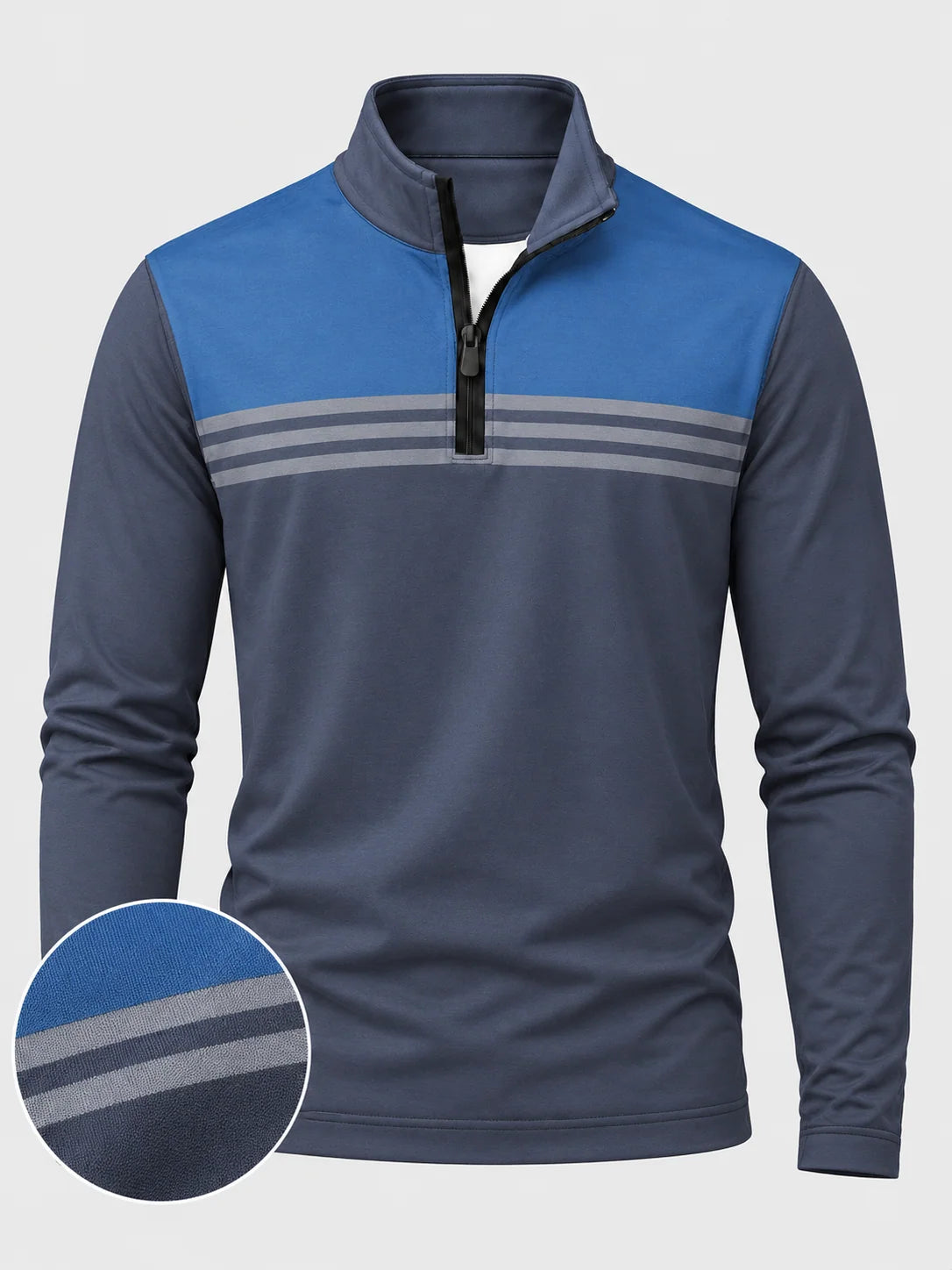 Golf-Pullover in Schieferblau mit Bruststreifen und kurzem Reißverschluss