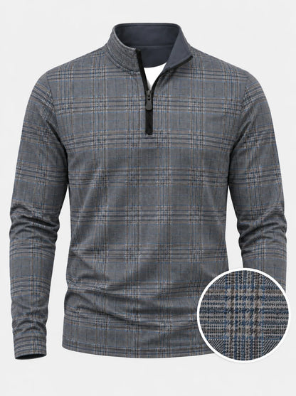 Blau-grauer Golfpullover aus Funktionsmaterial mit Karomuster und kurzem Reißverschluss