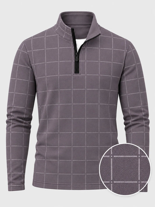 Golf-Pullover aus Funktionsmaterial in gedecktem Mauve mit minimalistischem Fensterkaromuster und Viertelreißverschluss