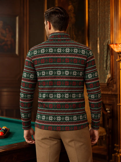 Golfpullover in Waldgrün mit weihnachtlichem Fair-Isle-Muster und Viertelreißverschluss