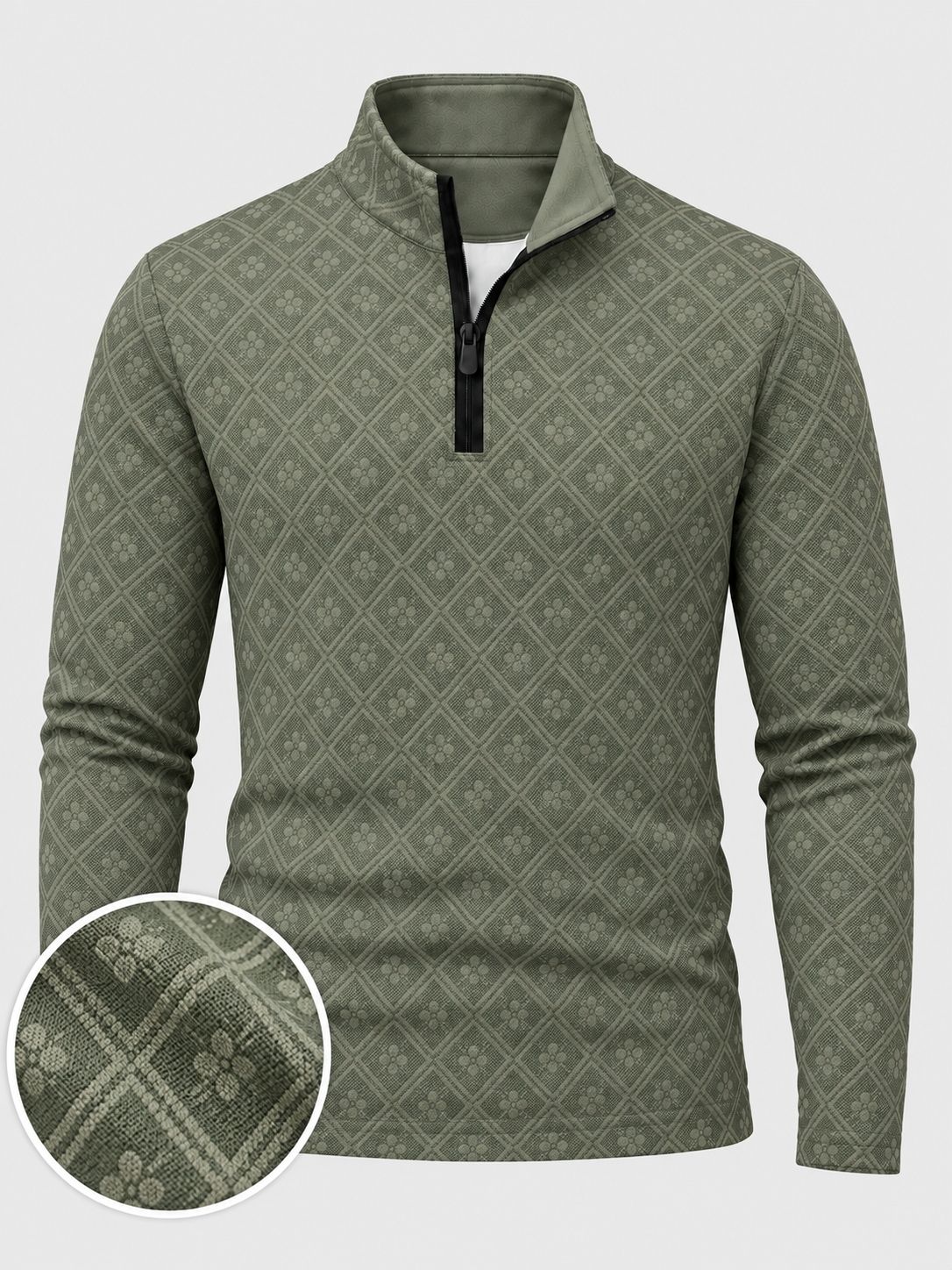 Salbeigrüner Herren-Golf-Pullover mit floralem Rautenmuster und kurzem Reißverschluss