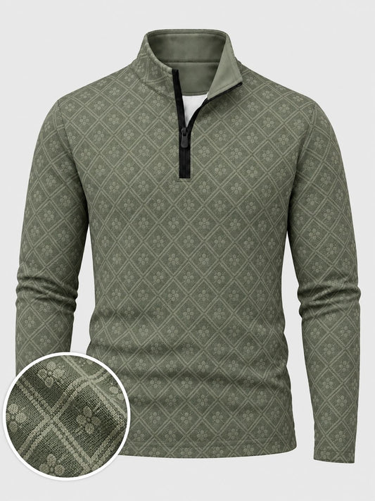 Salbeigrüner Herren-Golf-Pullover mit floralem Rautenmuster und kurzem Reißverschluss
