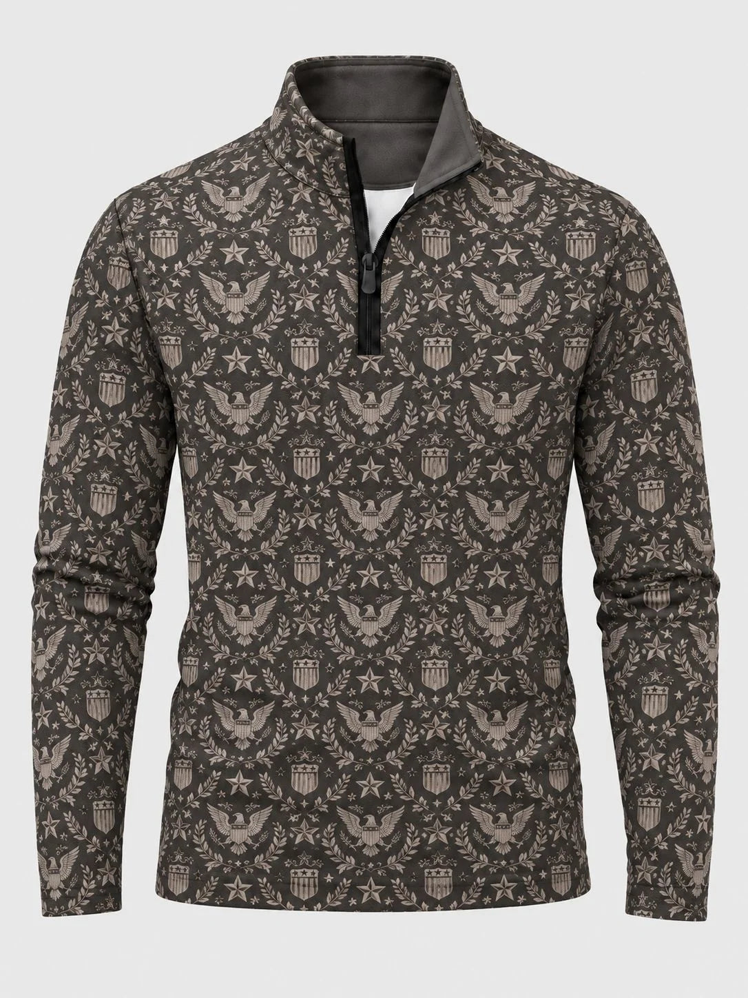 Anthrazitgrauer Golf-Pullover mit Adlerwappen- und Lorbeerkranzmuster und Viertelreißverschluss