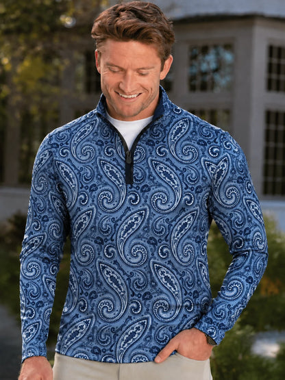 Blauer Performance-Pullover mit Viertelreißverschluss und Paisley-Muster