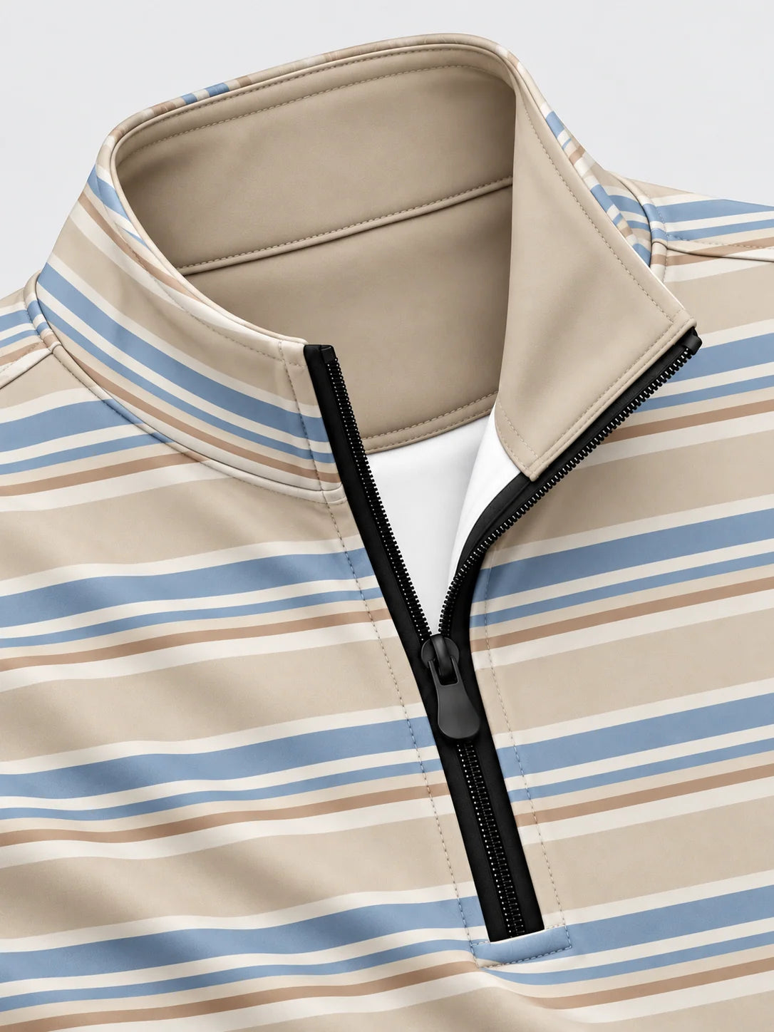 Golfpullover in Sandbeige mit mehrfarbigem Streifenmuster und Viertelreißverschluss