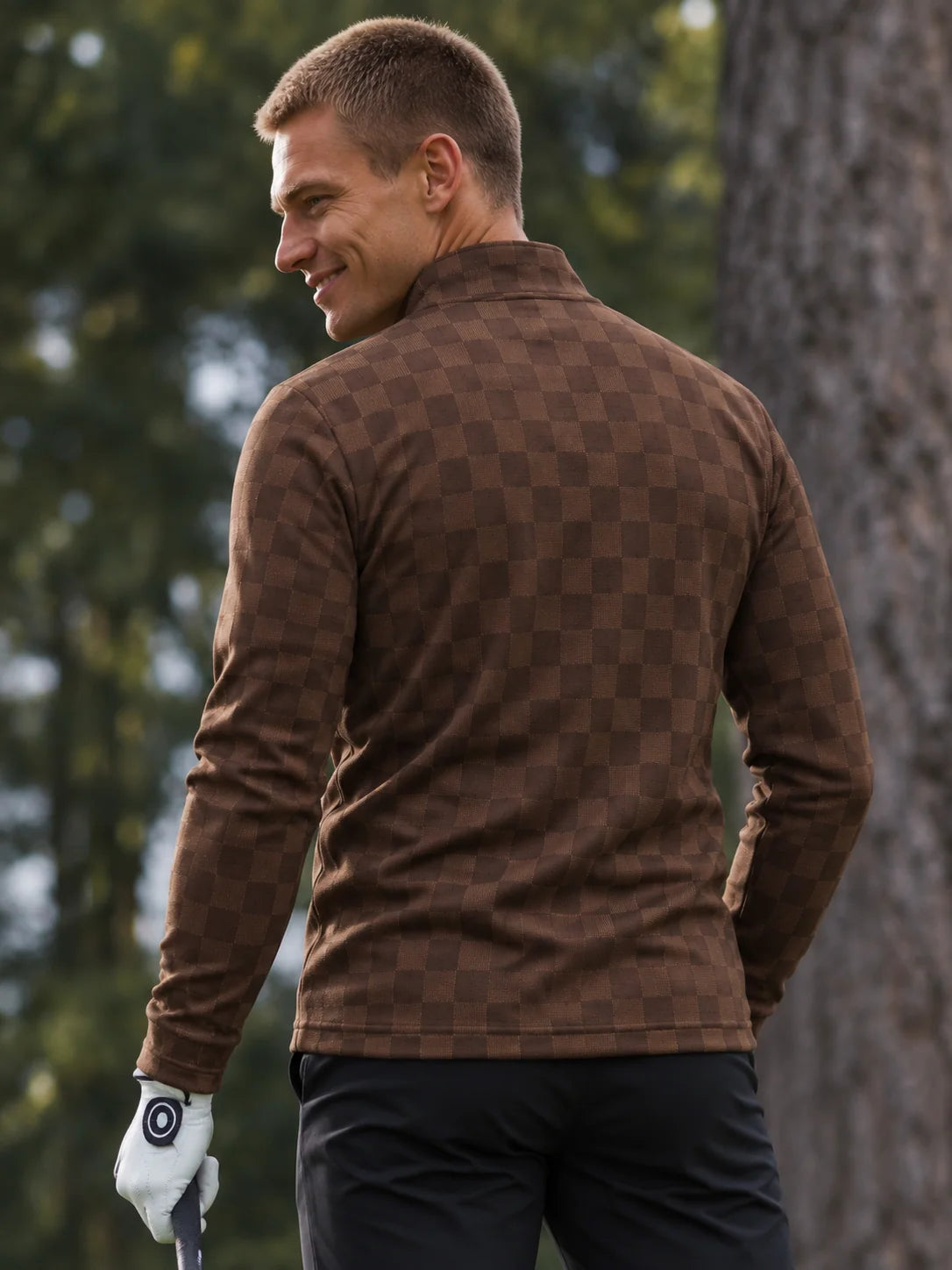 Vintage-Golfpullover in Schokoladenbraun mit Karomuster und Viertelreißverschluss