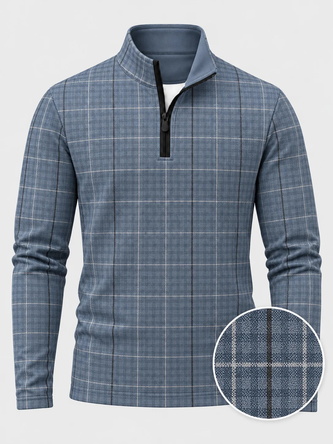Golf-Pullover mit Viertelreißverschluss und Fensterkaromuster in gedecktem Blau