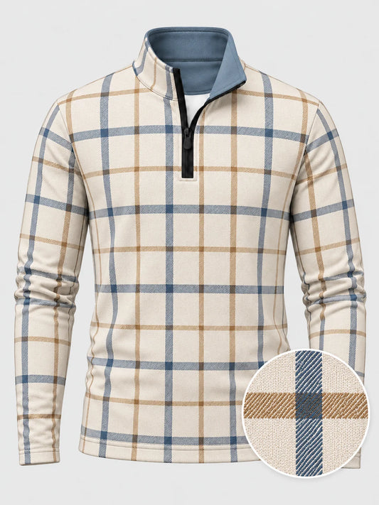 Cremefarbener Golf-Pullover mit Fensterkaromuster und Viertelreißverschluss