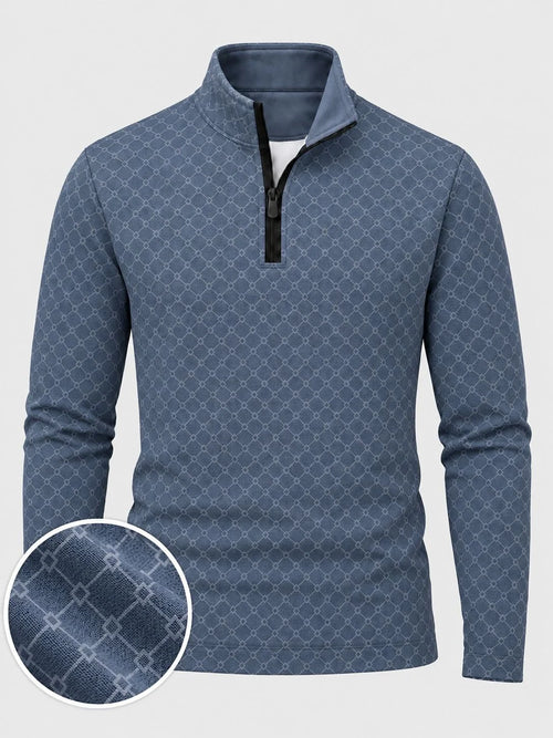 Staubblauer Golf-Pullover aus Funktionsmaterial mit Rautengittermuster und Viertelreißverschluss