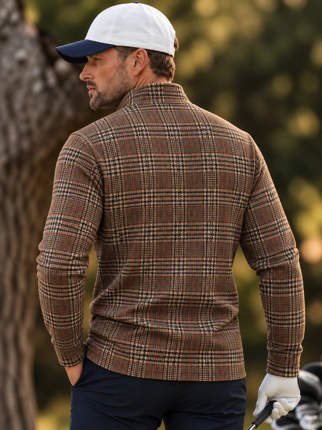 Golf-Pullover aus Funktionsmaterial in Kamelbraun mit Hahnentritt-Karomuster und Viertelreißverschluss