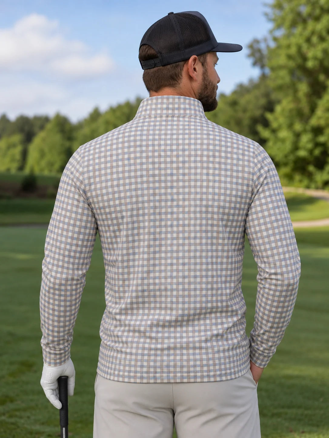 Blau-Beiger Karo-Golfpullover aus Funktionsmaterial mit kurzem Reißverschluss