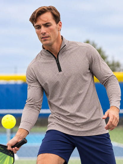 Golf-Pullover in Taupe mit Vichy-K Karomuster und kurzem Reißverschluss